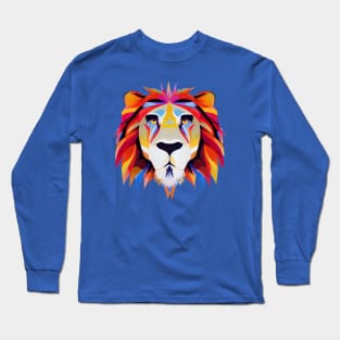 Lion Art in flaming Bright Colours on a Blue Background Long Sleeve T-Shirt